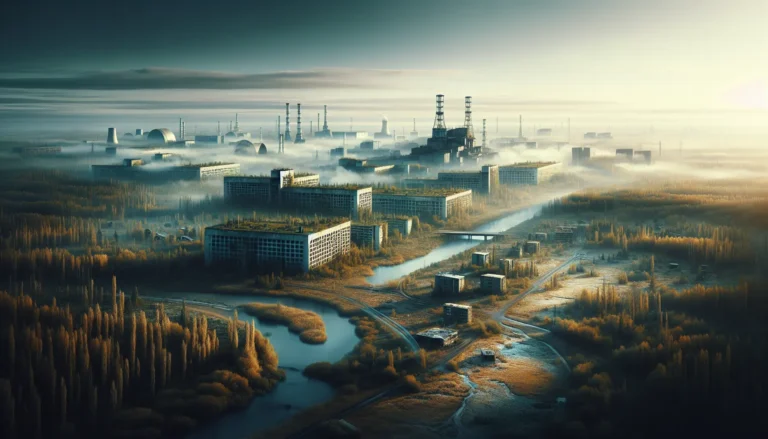 Vista della centrale nucleare di Chernobyl con vegetazione che cresce intorno ai resti dell'impianto, simbolo della resilienza della natura.