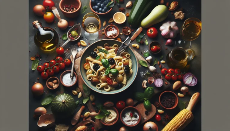 Un piatto elegante con ingredienti afrodisiaci come cioccolato, ostriche e frutta fresca, disposto su una tavola romantica.