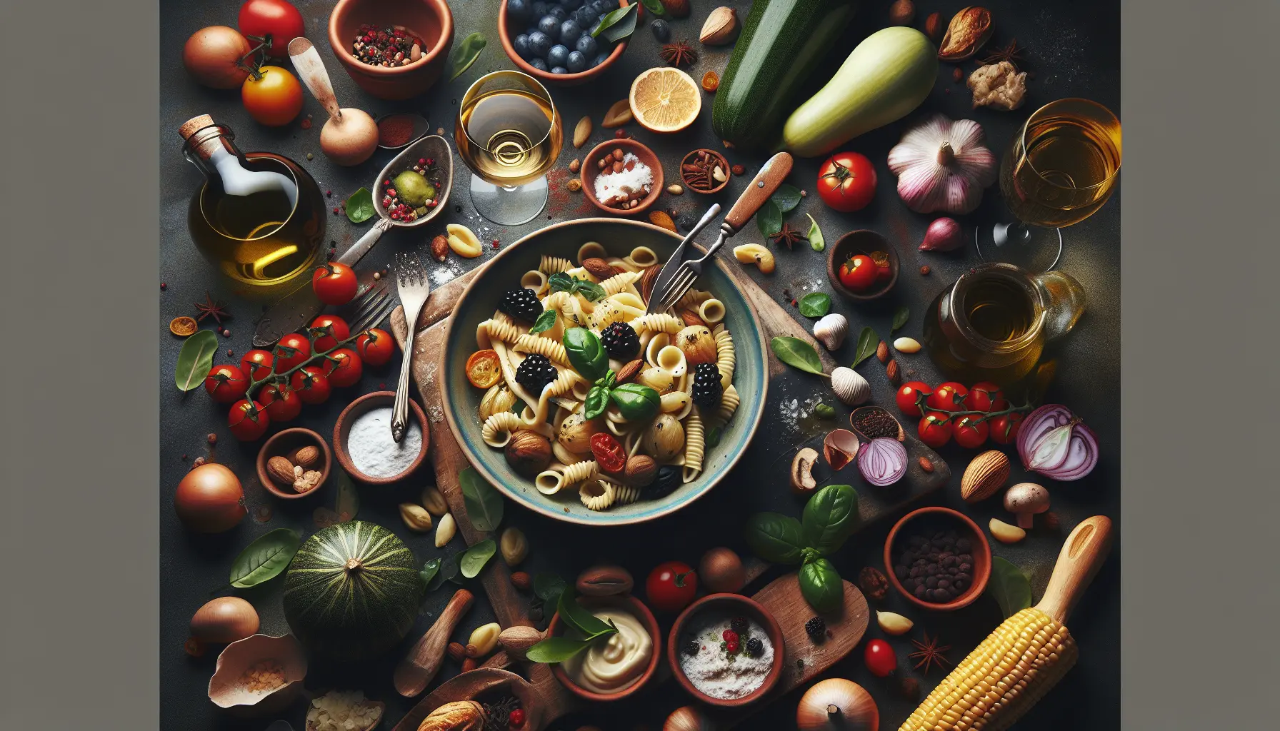 Un piatto elegante con ingredienti afrodisiaci come cioccolato, ostriche e frutta fresca, disposto su una tavola romantica.