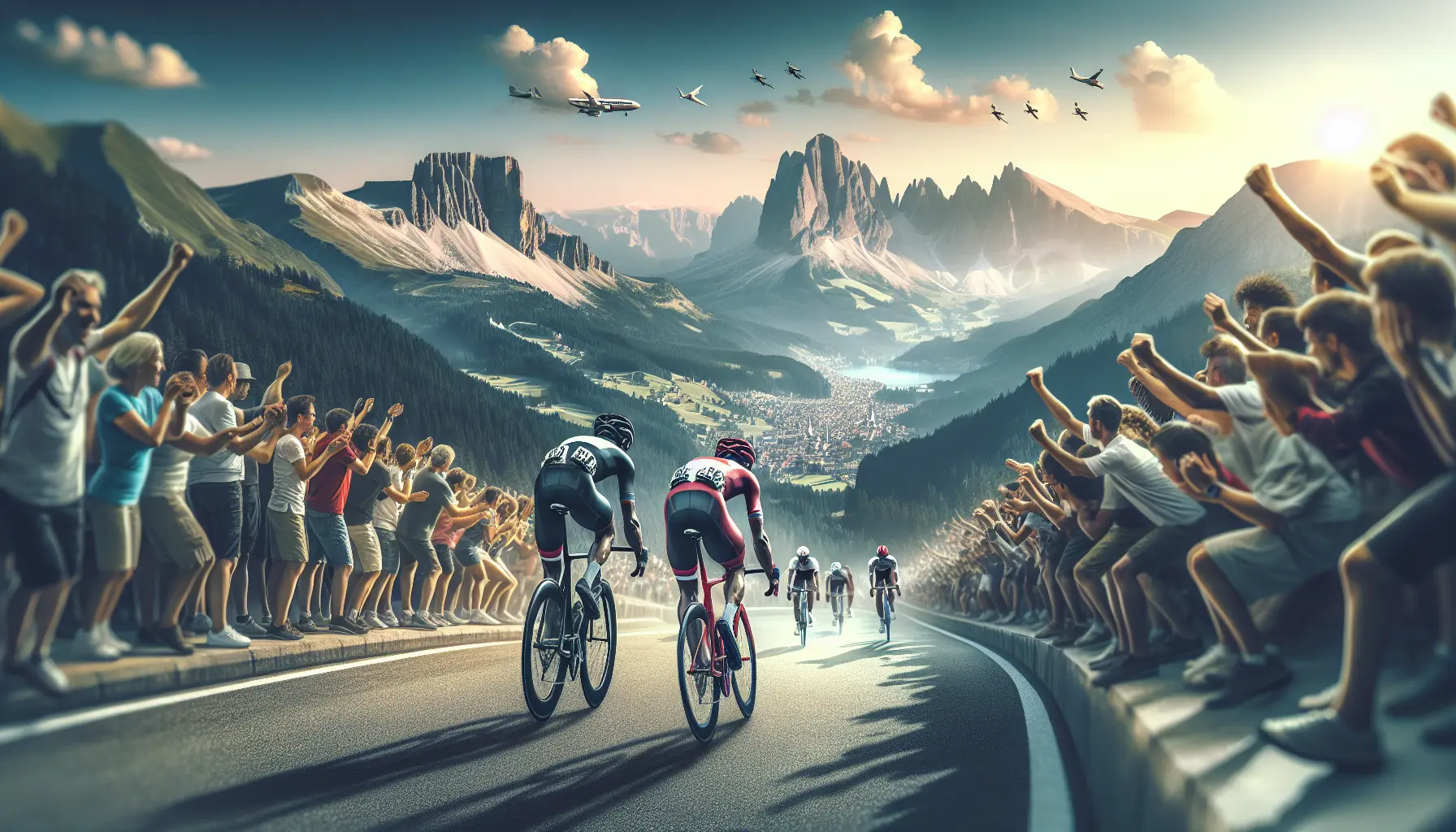 Ciclisti in gara durante un evento sportivo, circondati da spettatori entusiasti.