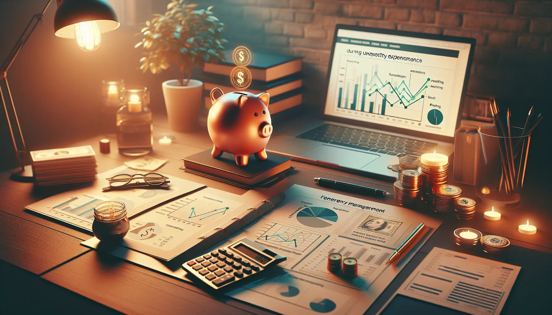 Un giovane che pianifica le sue finanze con un computer e un taccuino, circondato da appunti e grafici.