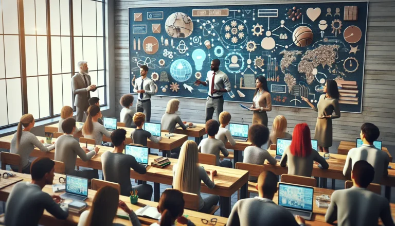 Un insegnante che interagisce con gli studenti in un ambiente di apprendimento collaborativo, stimolando le loro esperienze personali.