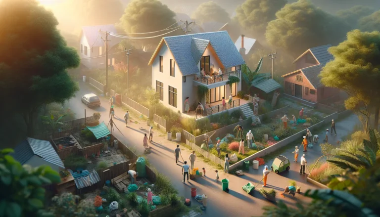 Immagine di una comunità che partecipa a una pulizia di quartiere, con famiglie che raccolgono rifiuti e piantano alberi.