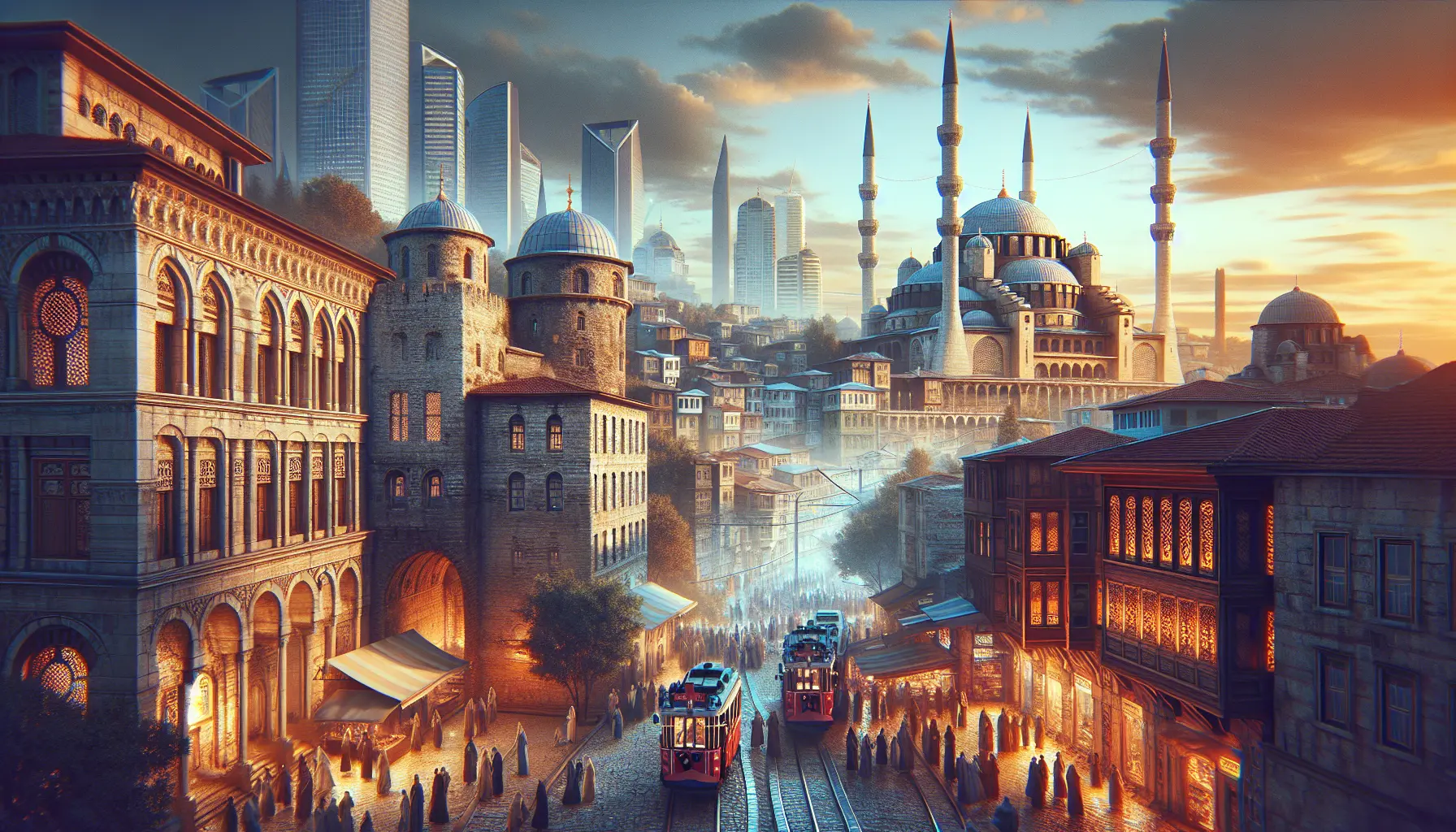 Vista panoramica di Costantinopoli con la Hagia Sophia e la Moschea Blu sullo sfondo.