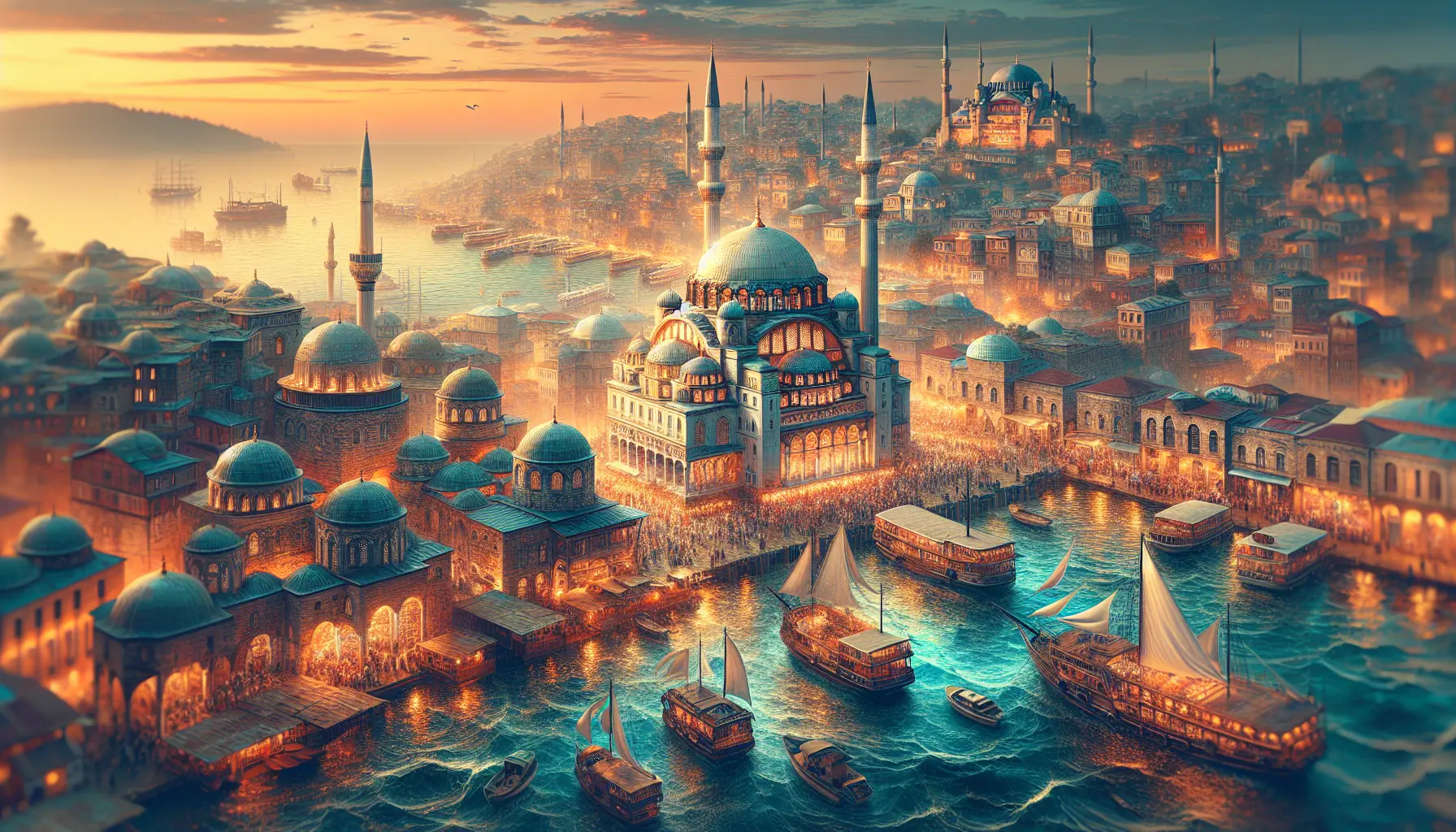 Vista panoramica di Costantinopoli con la Hagia Sophia e la Moschea Blu sullo sfondo.