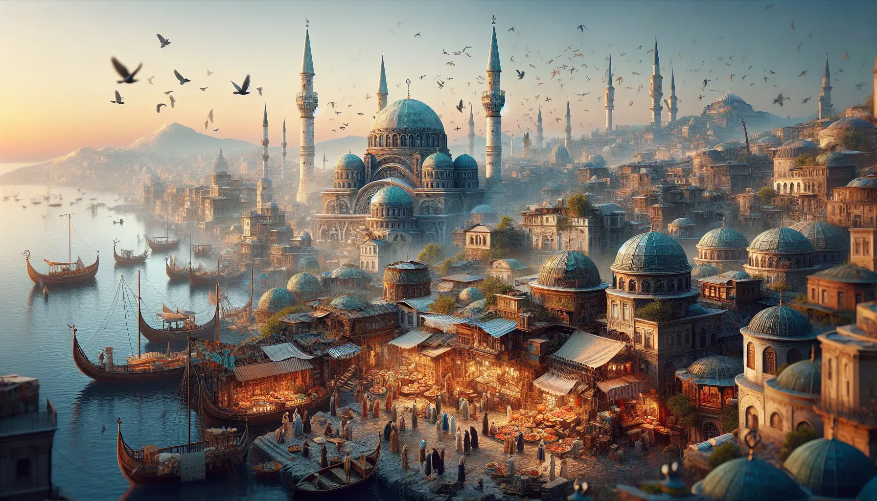 Vista panoramica di Costantinopoli con la Moschea Blu e Santa Sofia sullo sfondo.