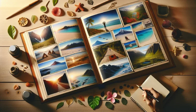 Un album di viaggio aperto con fotografie, decorazioni e ricordi di avventure nella natura.