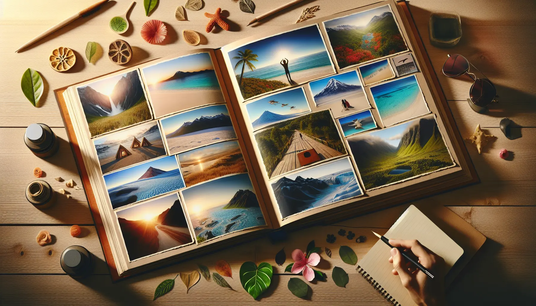 Un album di viaggio aperto con fotografie, decorazioni e ricordi di avventure nella natura.