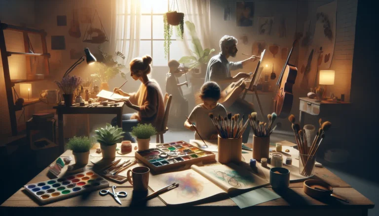 Famiglia che partecipa a un'attività creativa insieme, come dipingere o fare artigianato.