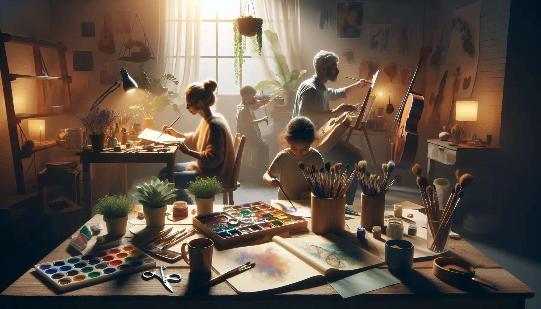 Famiglia che partecipa a un'attività creativa insieme, come dipingere o fare artigianato.