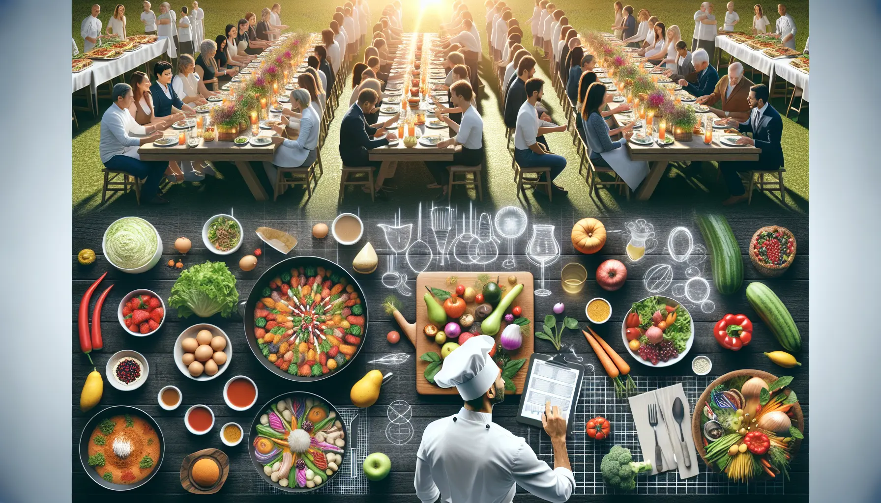 Un grande tavolo imbandito con piatti colorati e ingredienti freschi di stagione