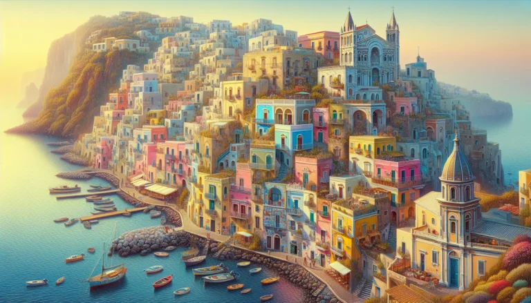 Panorama di Procida con case colorate e mare blu