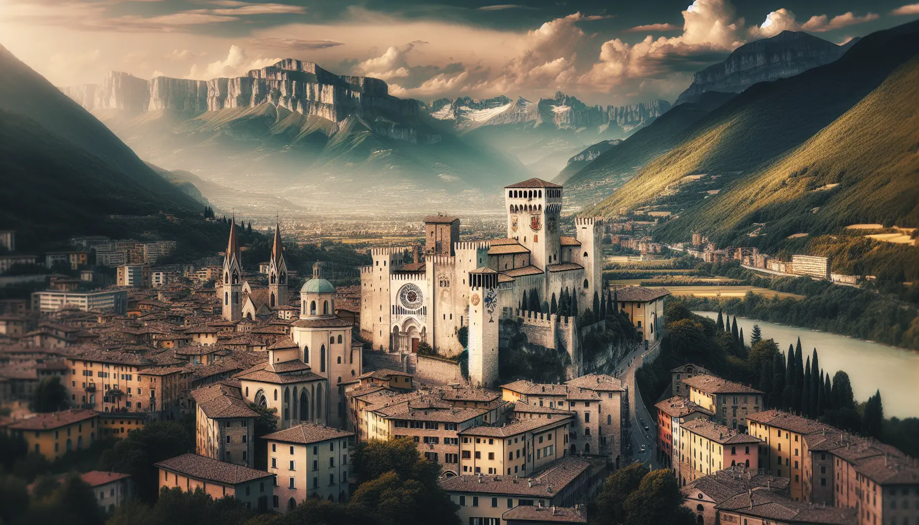 Panorama del Castello del Buonconsiglio a Trento, circondato da montagne e cielo blu.