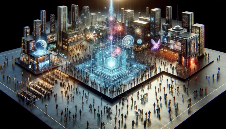 Un'immagine che rappresenta un mondo virtuale interattivo, con avatar che interagiscono in un ambiente digitale.