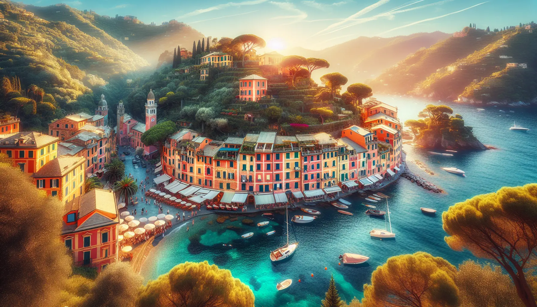 Vista panoramica di Portofino con le sue case colorate e il mare cristallino