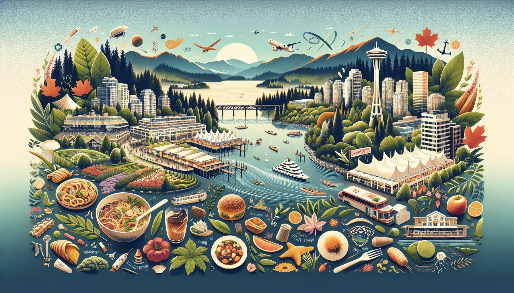 Vista panoramica di Vancouver con montagne sullo sfondo e il porto in primo piano, rappresentando la fusione di natura e innovazione.