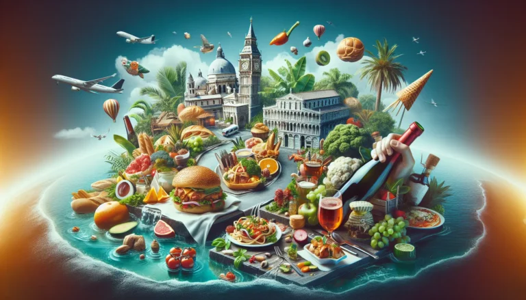 Un piatto di pasta fresco circondato da ingredienti freschi e colorati, rappresentando il connubio tra cultura culinaria e turismo.