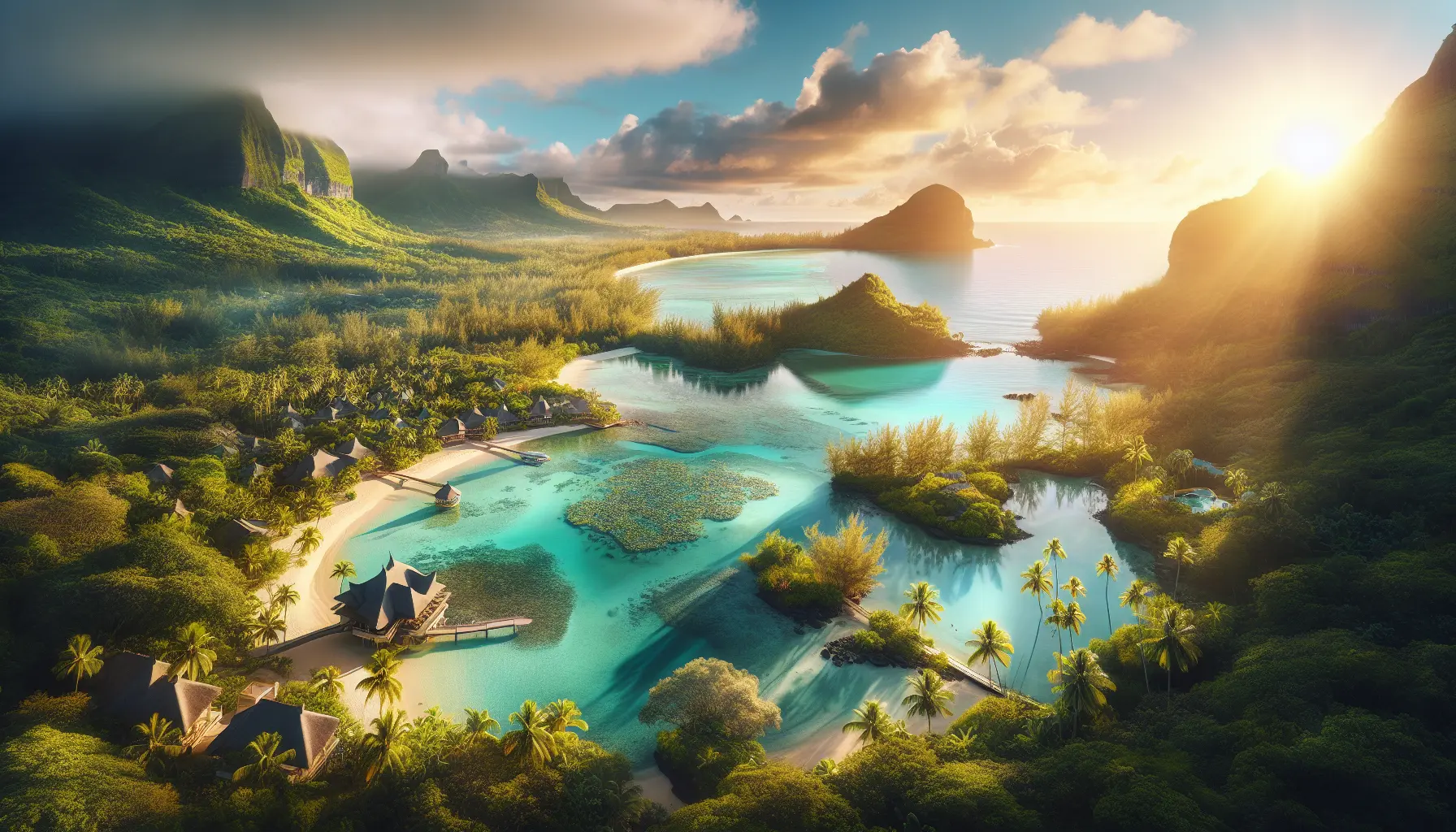 Spiaggia di Mauritius con acque cristalline e sabbia bianca, circondata da vegetazione lussureggiante.