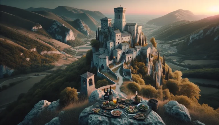 Vista panoramica del Castello Orsini a Soriano nel Cimino, circondato da un paesaggio naturale mozzafiato.