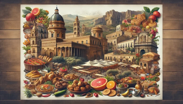 Vista panoramica della Sicilia con il vulcano Etna sullo sfondo e una tavola imbandita con piatti tipici siciliani.