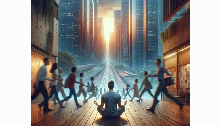 Una persona che medita in un ambiente tranquillo, circondata dalla natura, simboleggiando la ricerca di pace interiore e consapevolezza.