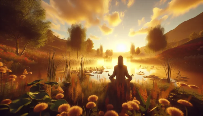 Una persona in meditazione in un ambiente naturale, simbolo di pace e consapevolezza.