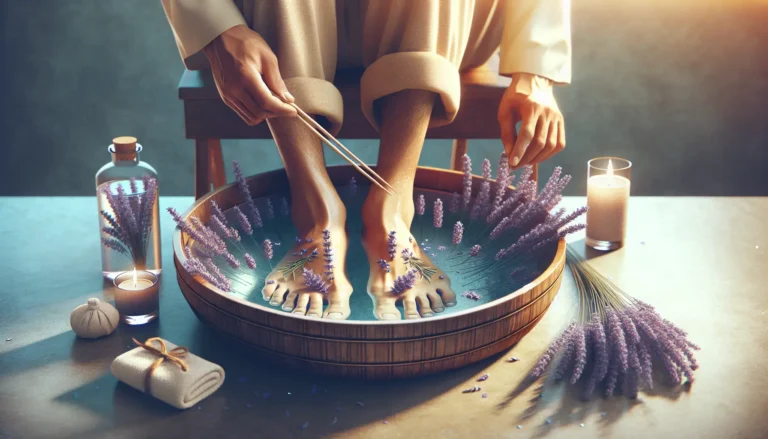 Un'immagine di piedi immersi in acqua calda con fiori di lavanda e sali, simbolo di relax e benessere.