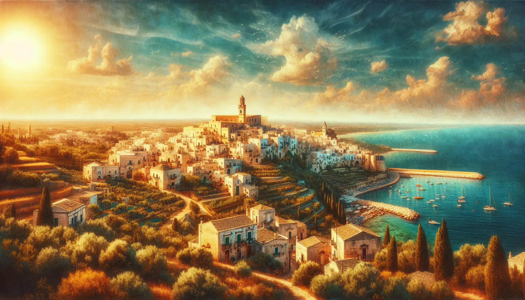 Vista panoramica di un trullo ad Alberobello, circondato da ulivi e cielo blu.
