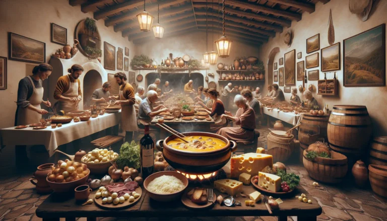 Una pentola di bagna cauda con verdure fresche e pane casereccio, pronta per essere condivisa.