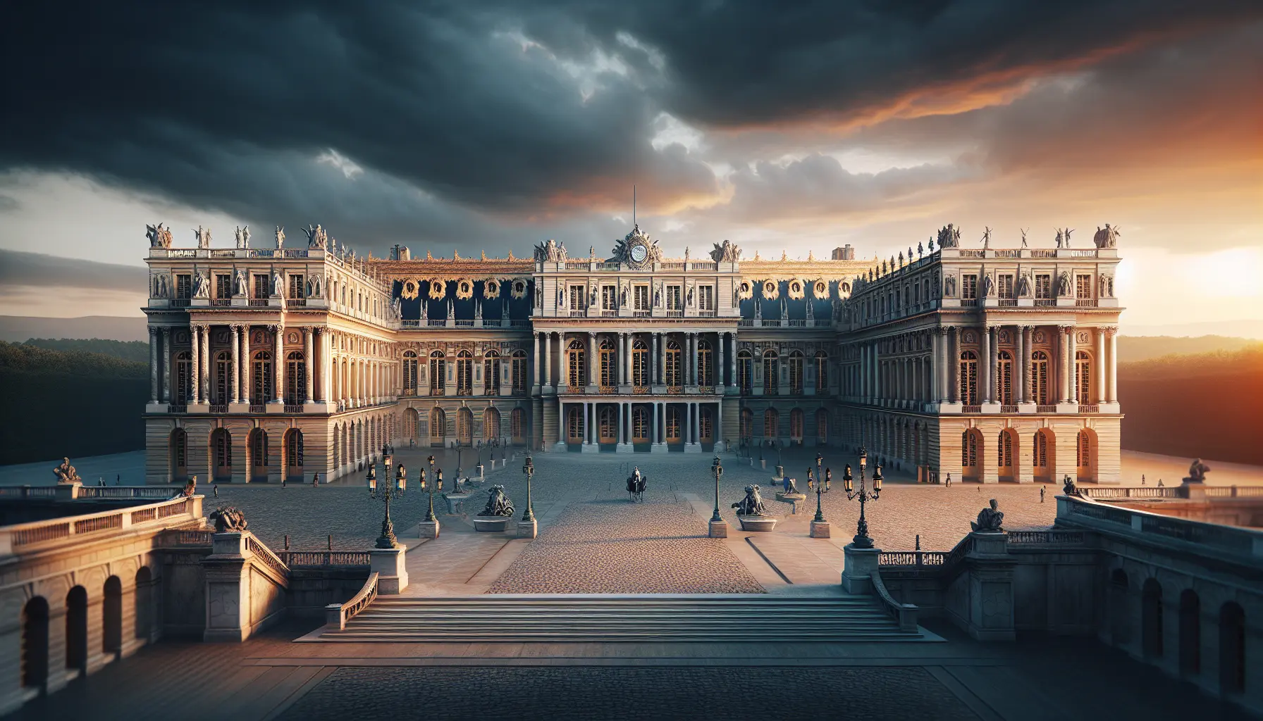 Vista panoramica della Reggia di Versailles con i suoi giardini e la facciata dorata.