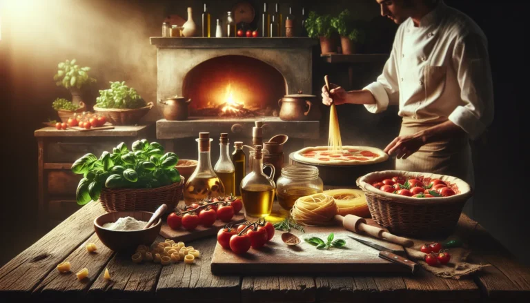 Un piatto di pasta tradizionale italiana con ingredienti freschi e colorati, rappresentativo della cucina italiana