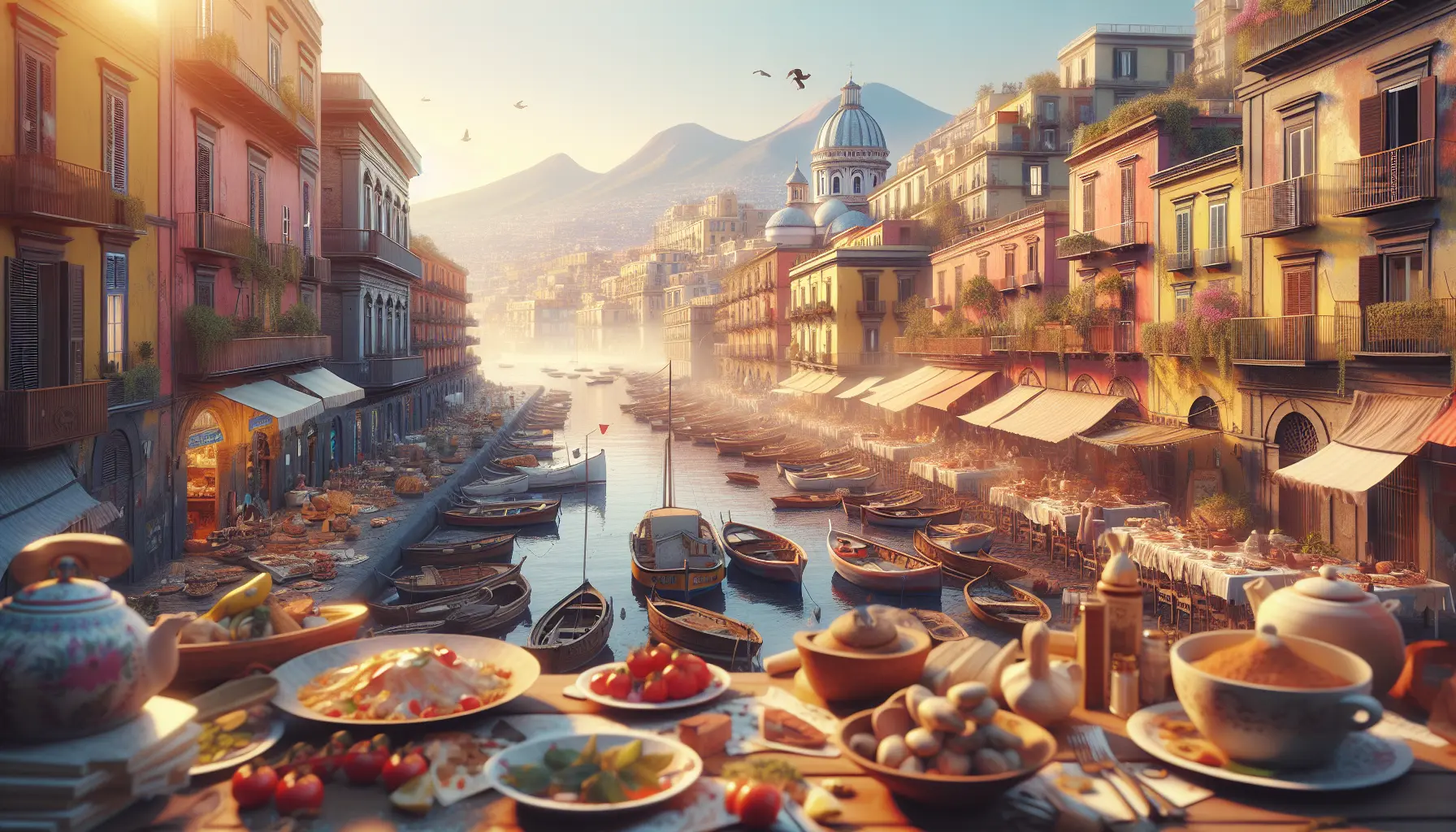 Vista panoramica di Napoli con il Vesuvio sullo sfondo e il Lungomare affollato di turisti.
