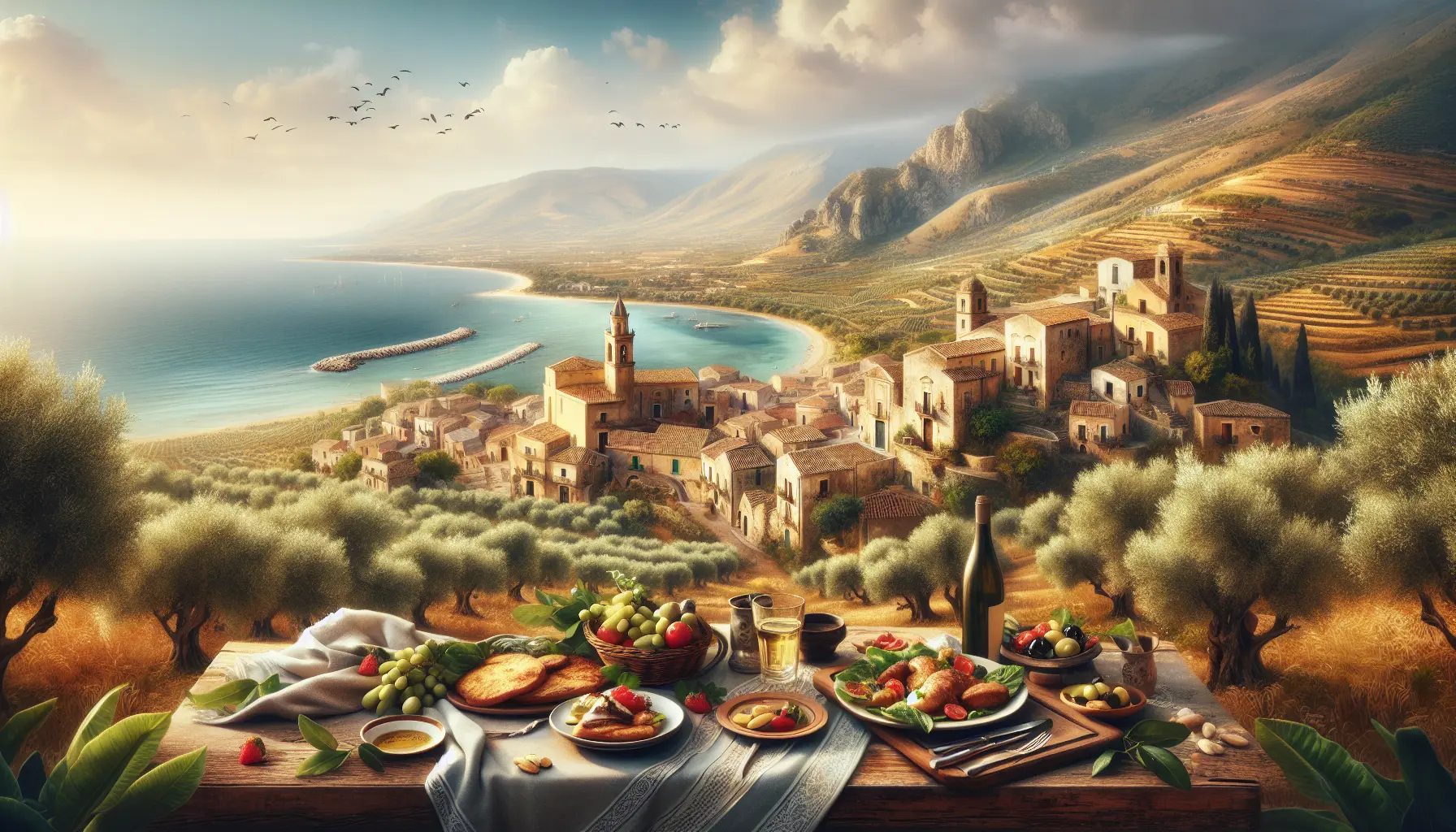 Panorama del Cilento con colline verdi e mare cristallino