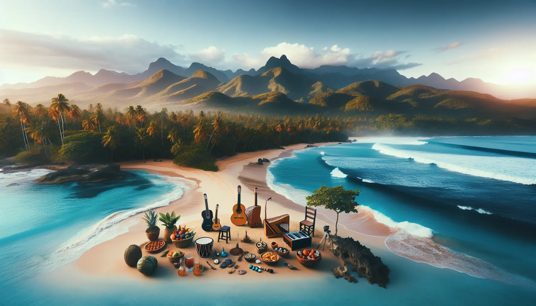 Un paesaggio della Repubblica Dominicana con spiagge bianche e montagne verdi, rappresentando la bellezza naturale e culturale dell'isola.