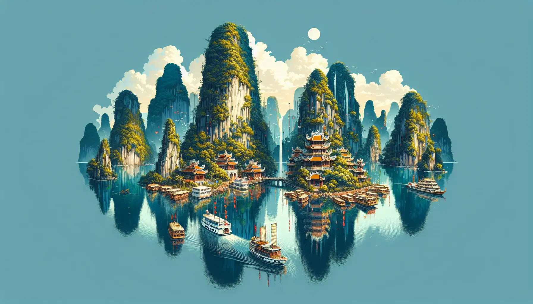 Vista panoramica della Baia di Ha Long con le sue formazioni rocciose e acque turchesi.