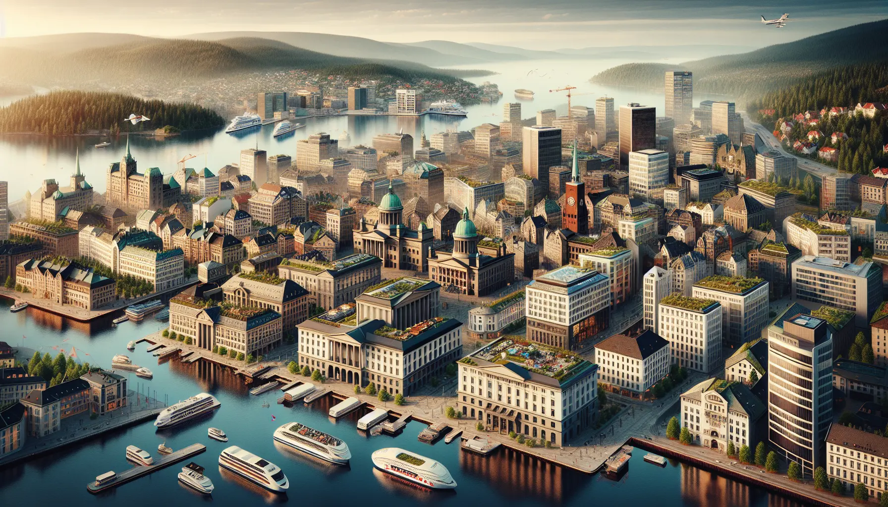Vista panoramica di Oslo con il fiordo sullo sfondo e il Palazzo Reale in primo piano.