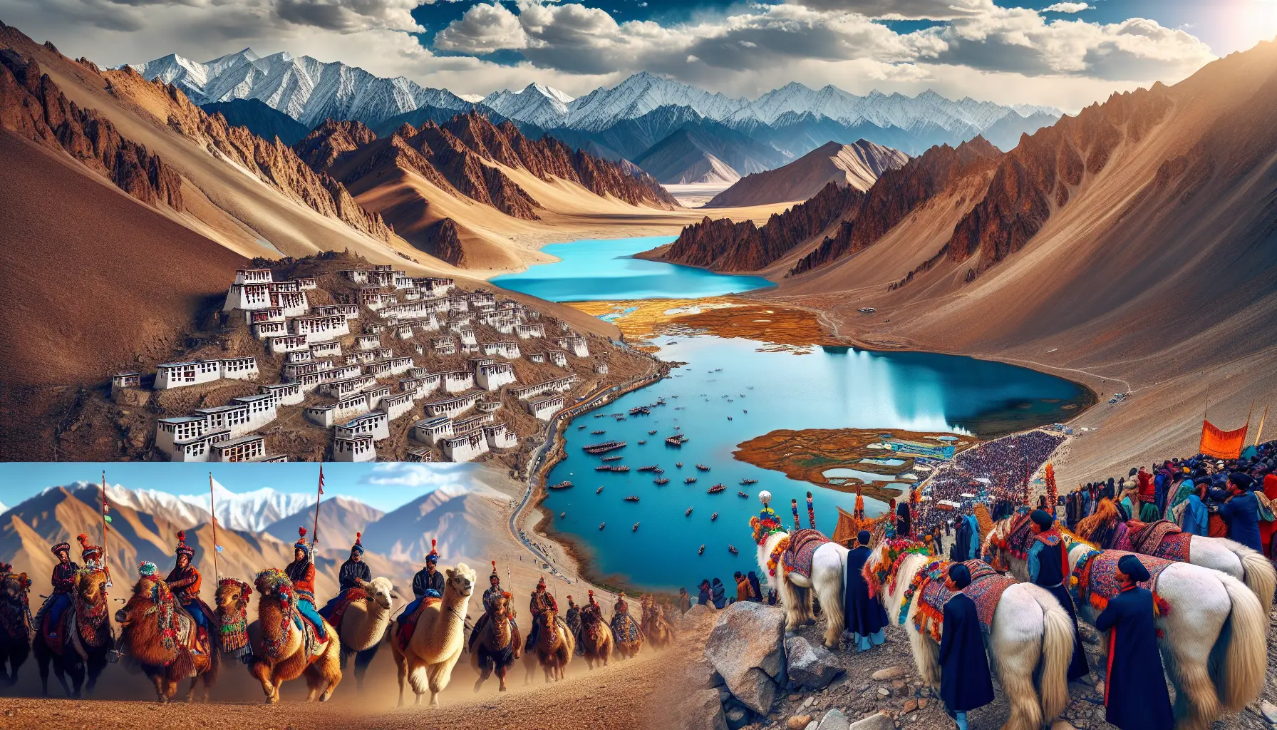 Panorama del Lago Pangong con montagne sullo sfondo, rappresentativo delle bellezze naturali del Ladakh.