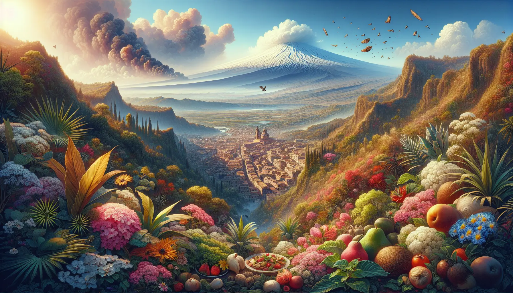Vista panoramica dell'Etna con fumi e crateri visibili, circondato da un paesaggio naturale ricco di vegetazione.
