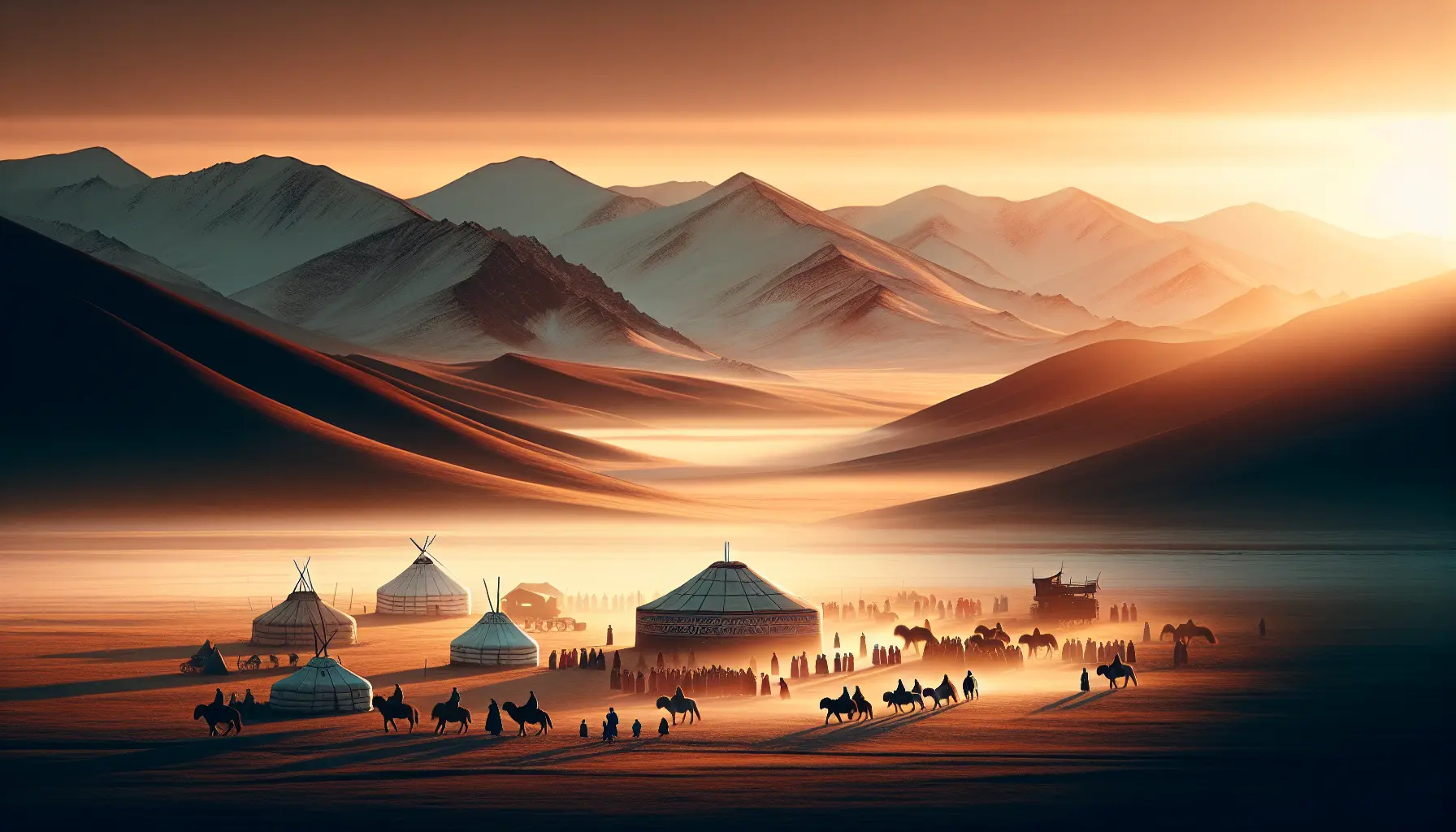 Paesaggio mongolo con steppe, montagne e una ger tradizionale in primo piano