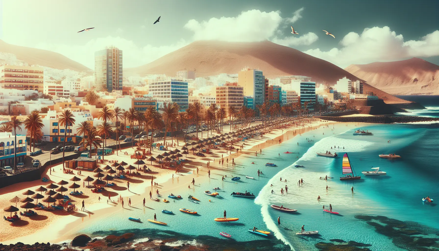 Spiaggia di Fuerteventura con acque cristalline e sabbia bianca, circondata da paesaggi naturali mozzafiato.