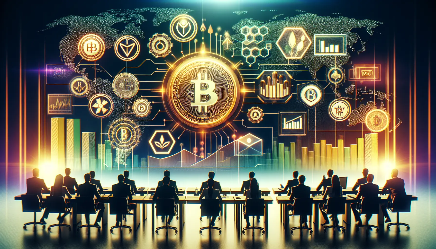 Una rappresentazione grafica di criptovalute con simboli digitali e grafici in crescita