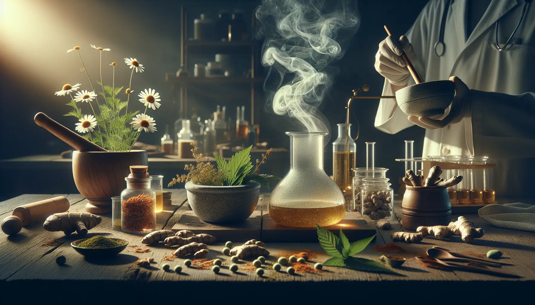 Varie erbe medicinali disposte su un tavolo, pronte per essere utilizzate in tisane e rimedi naturali.