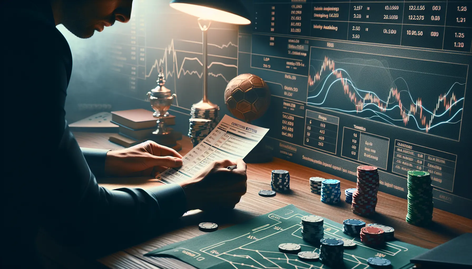 Un'immagine che rappresenta la riflessione e la strategia nelle scommesse, con un tavolo da gioco e fiches.