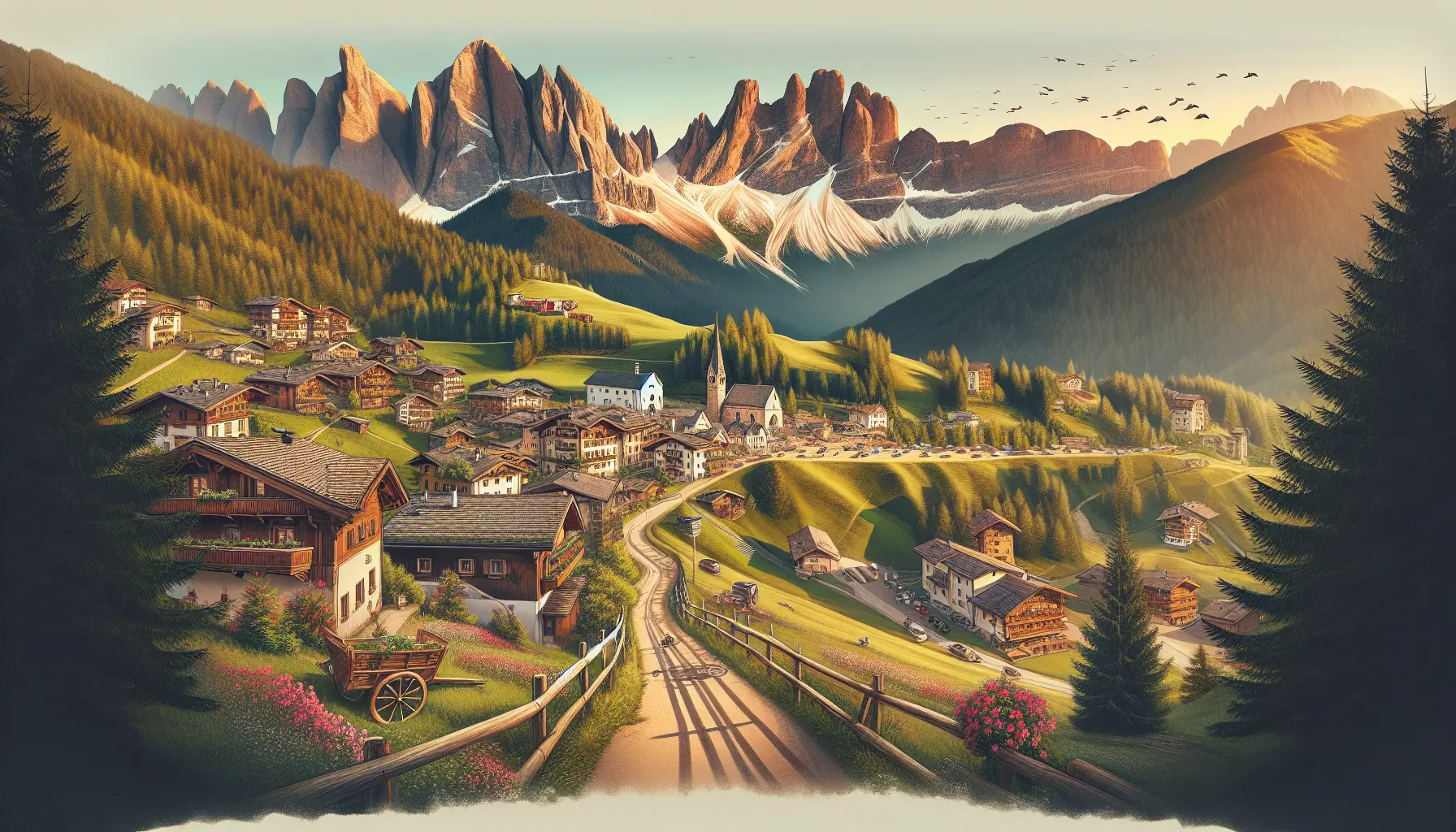 Vista panoramica di Ortisei con le Dolomiti sullo sfondo, evidenziando il paesaggio montano e le tradizioni locali.
