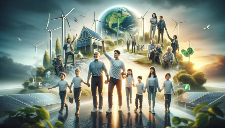 Giovani attivisti che manifestano per il clima, con cartelli e simboli di sostenibilità.