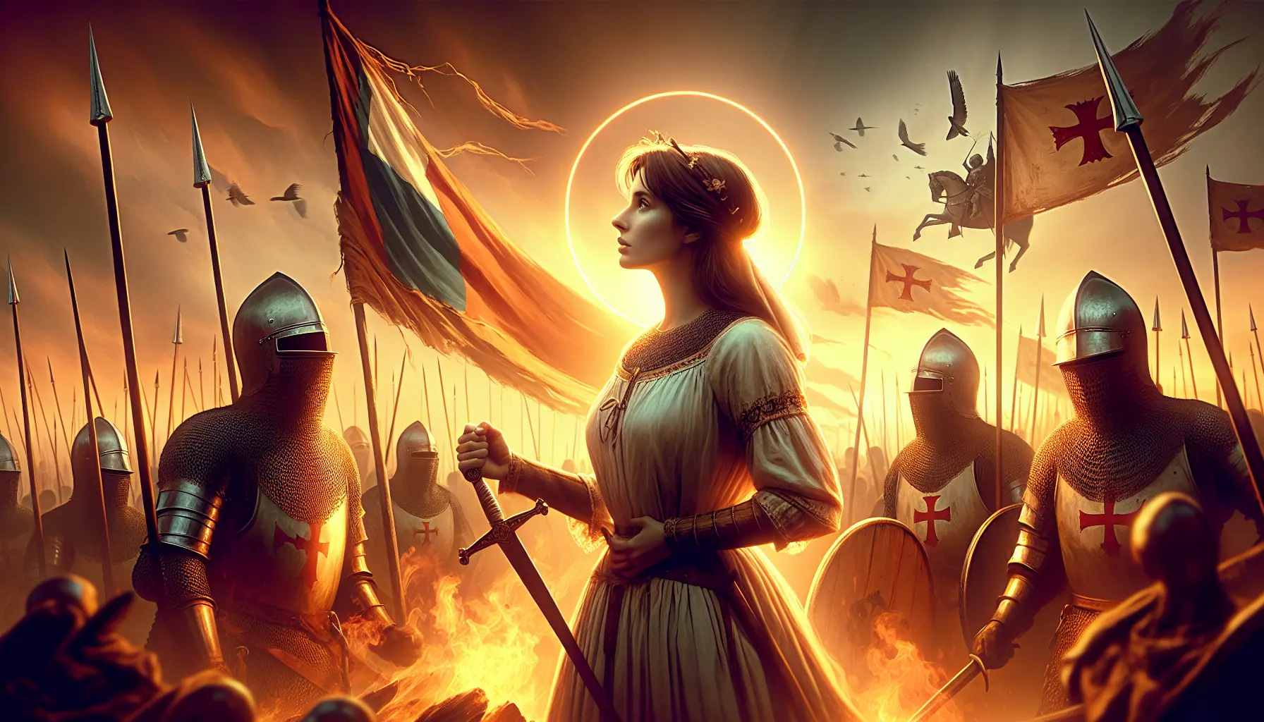 Rappresentazione artistica di Giovanna d'Arco in armatura, mentre guida le truppe francesi in battaglia.