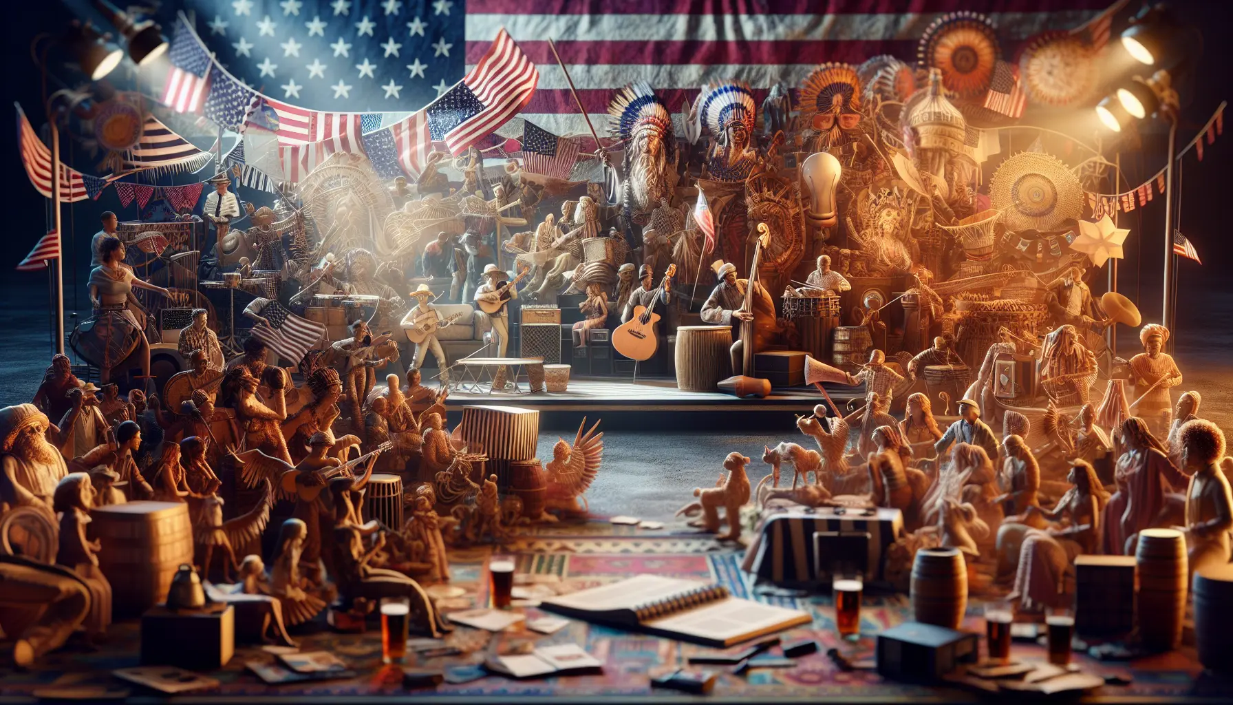 Un collage di culture diverse che rappresentano il melting pot degli Stati Uniti, con simboli culinari, musicali e festivi.