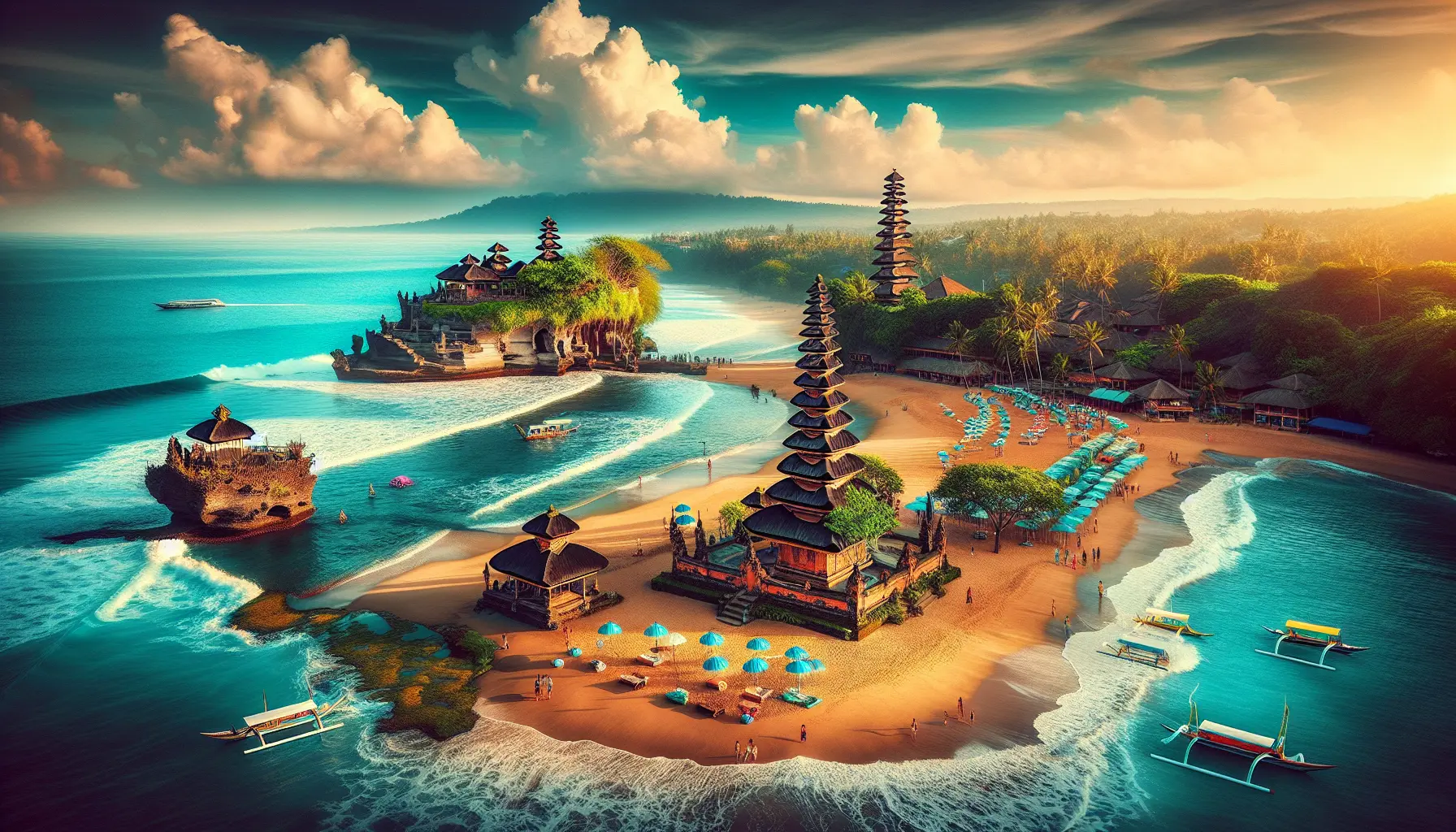 Spiaggia di Bali con palme e mare cristallino al tramonto