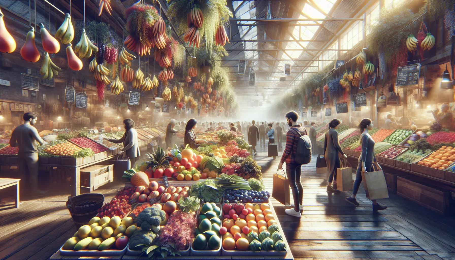 Mercato con frutta e verdura fresche di stagione