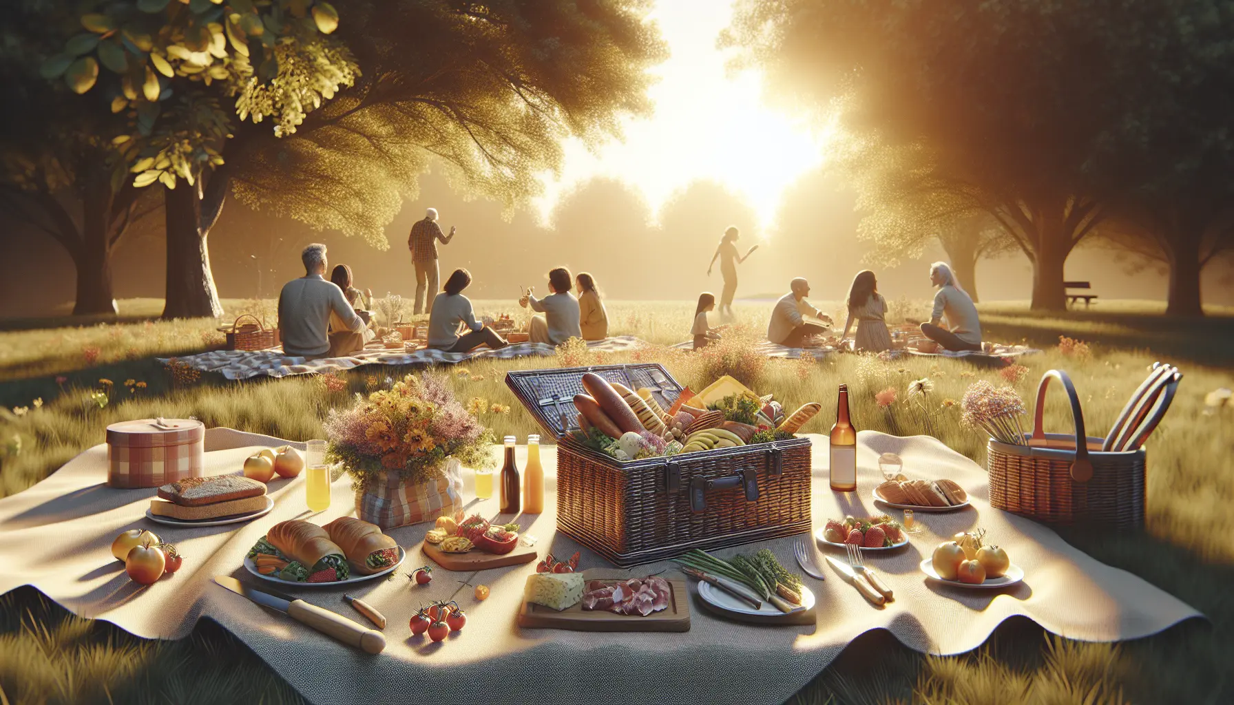 Un picnic all'aperto con cibo fresco, coperte e bevande in un parco soleggiato.